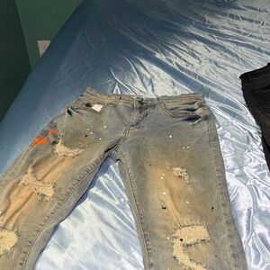 Men's Skinny Distressed Paint-Splatter Jeans - Blue